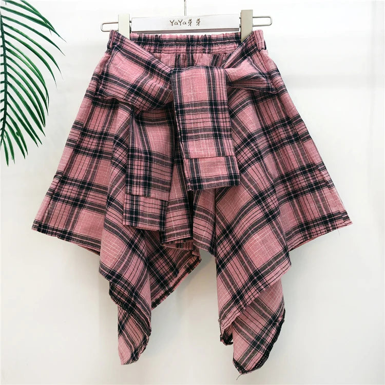 TOTRUST Women’s Fashion Asymmetrical Summer Plaid Mini Skirt – Casual College Style Fake Shirt Design