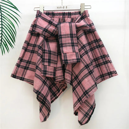 TOTRUST Women’s Fashion Asymmetrical Summer Plaid Mini Skirt – Casual College Style Fake Shirt Design