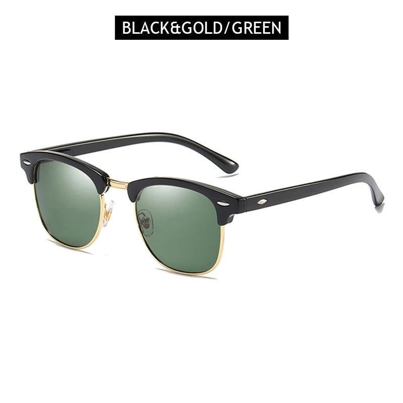 Classic Half Frame Polarized Sunglasses – Retro Rivet Design for Men & Women, Anti-Glare Black Travelling Shades
