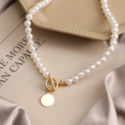 Vintage Pearl Choker Necklace for Women - Wedding Coin Lock Pendant Chain Jewelry & Party Gift