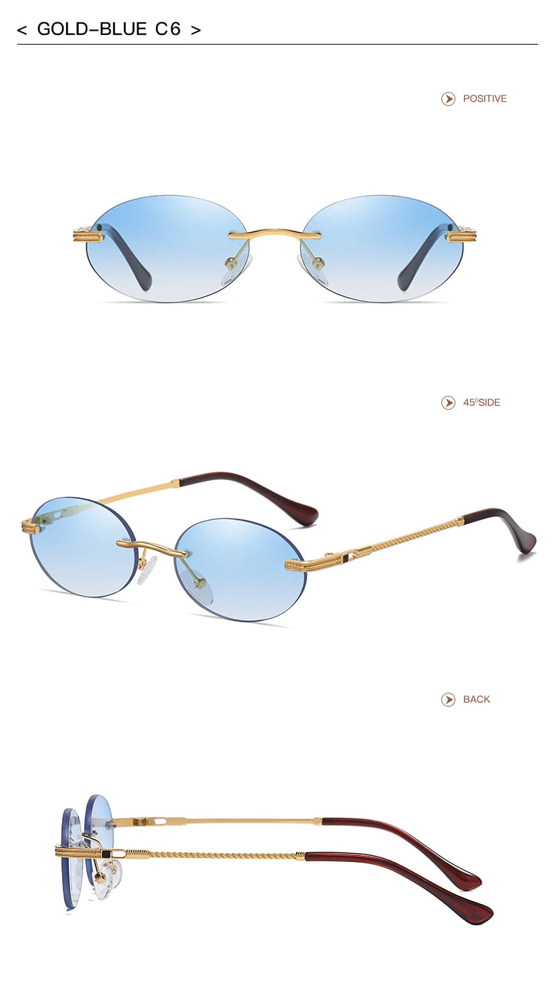 Retro Oval Rimless Sunglasses – Blue Mirror Gold Metal UV400 for Men & Women