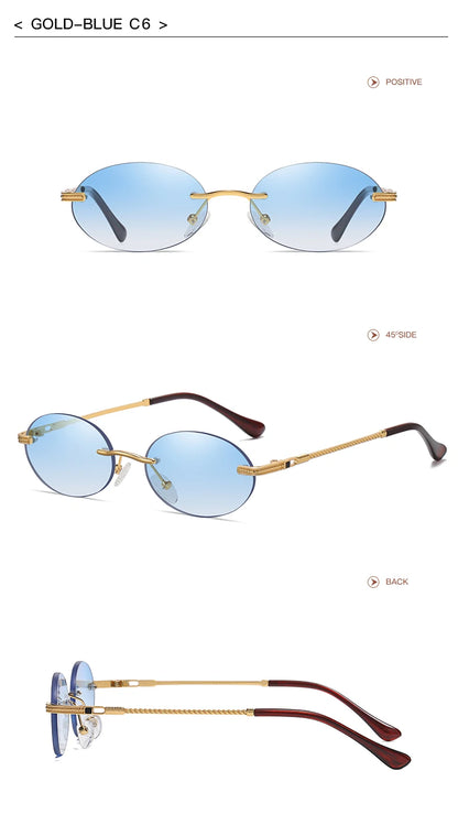 Retro Oval Rimless Sunglasses – Blue Mirror Gold Metal UV400 for Men & Women