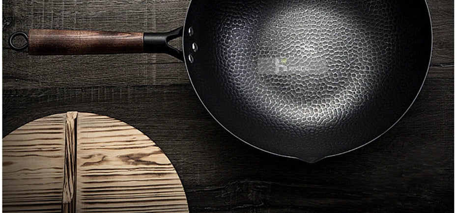 Konco 32cm Pure Cast Iron Wok – Non-Coated Chinese Wok Pan for Gas & Induction Cookers