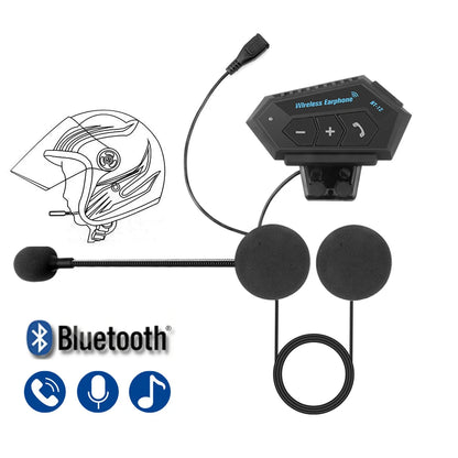 BT12 Motorcycle Helmet Headset - Stereo Bluetooth Earphone, Wireless Hands-Free Mic & Music Player for Motorbike Riders