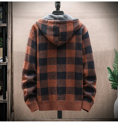 Men's Winter Plaid Hooded Cardigan – Warm Wool Fleece Zipper Jacket Knit Sweater Coat