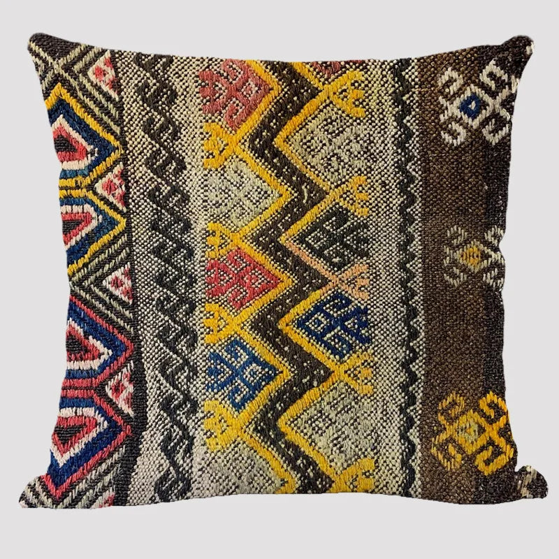 Bohemian Linen Cushion Cover – Multicolor Ethnic Geometric Pattern Decorative Pillow for Living Room Sofa