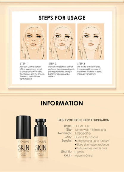 Focallure Liquid Foundation Cream — Full Coverage, Oil-Control Moisturizing Base & Concealer for Women