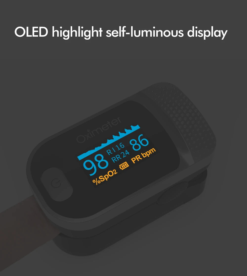 KIUZOU Finger Pulse Oximeter – SPO2, PR, PI, RR Blood Oxygen Monitor with OLED Display