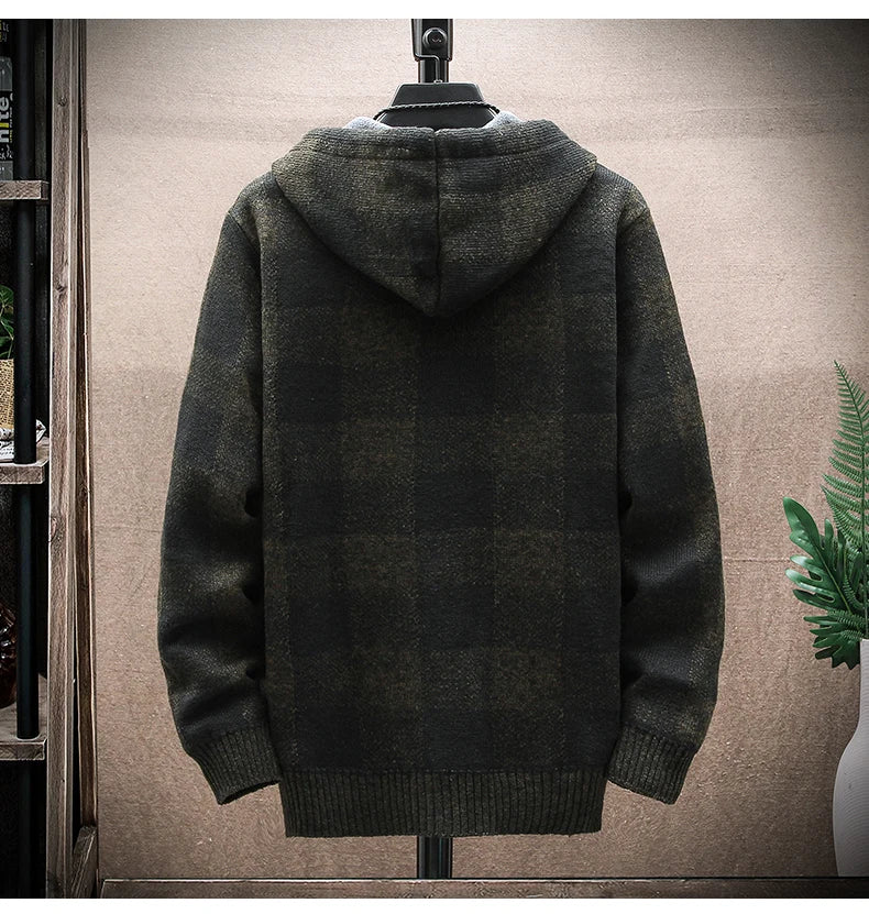 Men's Winter Plaid Hooded Cardigan – Warm Wool Fleece Zipper Jacket Knit Sweater Coat