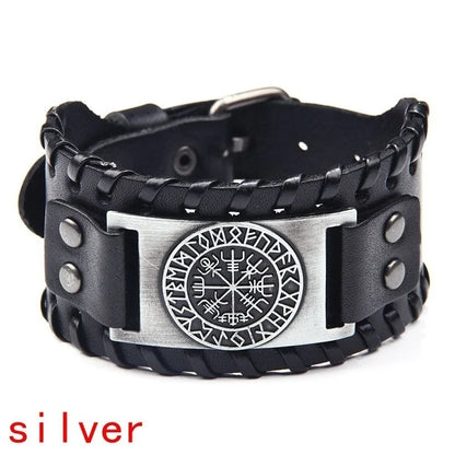 Totem Design Wide Leather Pirate Compass Bracelet - Men's Celtic Viking Jewelry, Party Gift Accessories