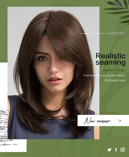ESIN Synthetic Dark Brown Wig for Women - Long Wavy Wig with Bangs, Heat Resistant for Party & Daily Use