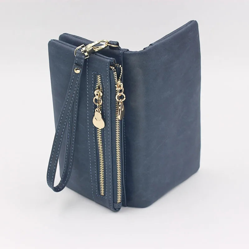 Large Capacity Women's Wallet – Dull Polish Leather, Double Zipper Clutch Wristlet with Phone, Coin & Card Holder Pockets