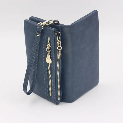 Large Capacity Women's Wallet – Dull Polish Leather, Double Zipper Clutch Wristlet with Phone, Coin & Card Holder Pockets