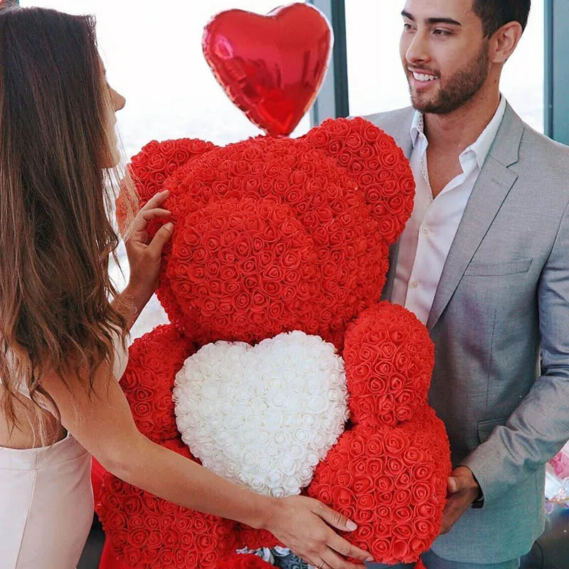 2024 40cm Rose Bear – Heart-Shaped Artificial Flower Teddy Bear for Valentine’s, Wedding, Birthday & Christmas Gifts