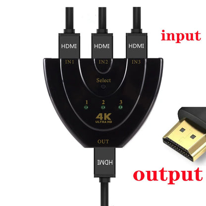3x1 HDMI Switch 4K/1080P – 3 Input 1 Output Video Splitter Adapter Hub for Xbox, PS4, PC, Laptop & HDTV