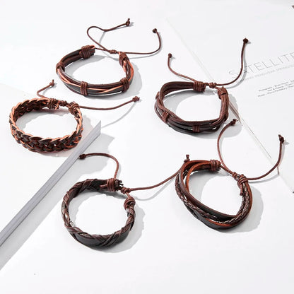 Men's Vintage Multilayer Leather Braid Bracelet - Handmade Star, Leaf & Owl Rope Wrap Bangle, Male Gift Jewelry