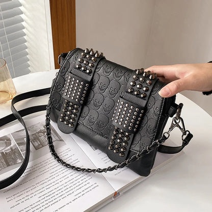 Vintage Skull Rivet PU Leather Shoulder Bag — Women’s Black Crossbody Flap Messenger Handbag