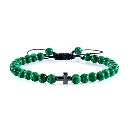 Natural Stone Bead Cross Bracelet - 6mm Braided Christian Prayer Jewelry with Jesus Charm for Men & Women