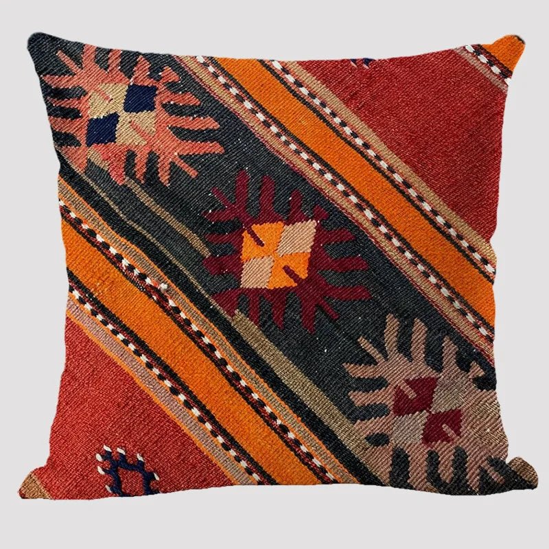Bohemian Linen Cushion Cover – Multicolor Ethnic Geometric Pattern Decorative Pillow for Living Room Sofa