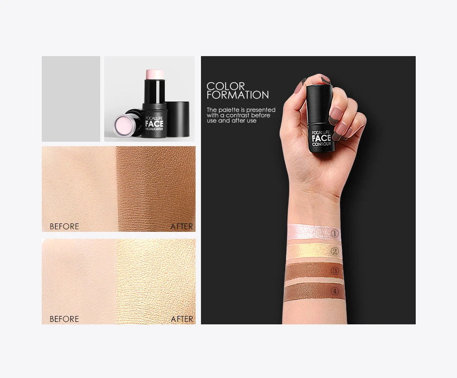 FOCALLURE Bronzer Highlighter Stick - Waterproof Body & Face Contour, Corrector & Illuminator Cream for Women's Makeup
