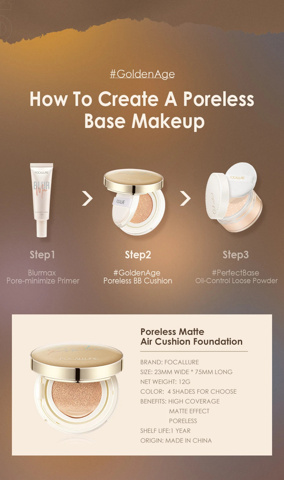 FOCALLURE Air Cushion BB Cream – Poreless, Waterproof, Long-Lasting Matte Foundation & Brightening Concealer with Puff