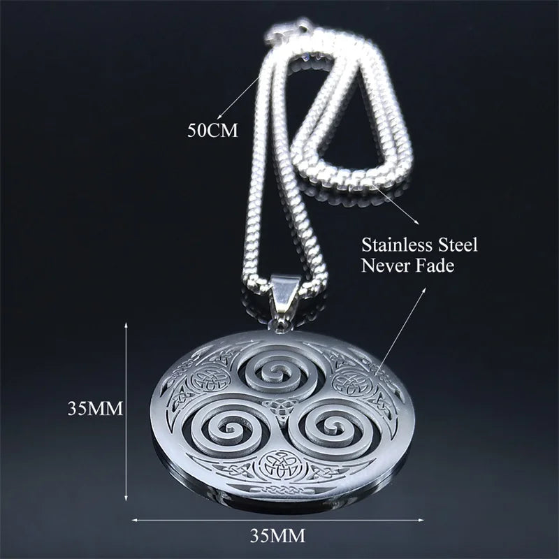 Stainless Steel Witchcraft Vortex Necklace – Viking Triskelion Celtic Knot Spiral, Silver Jewelry N7062S02