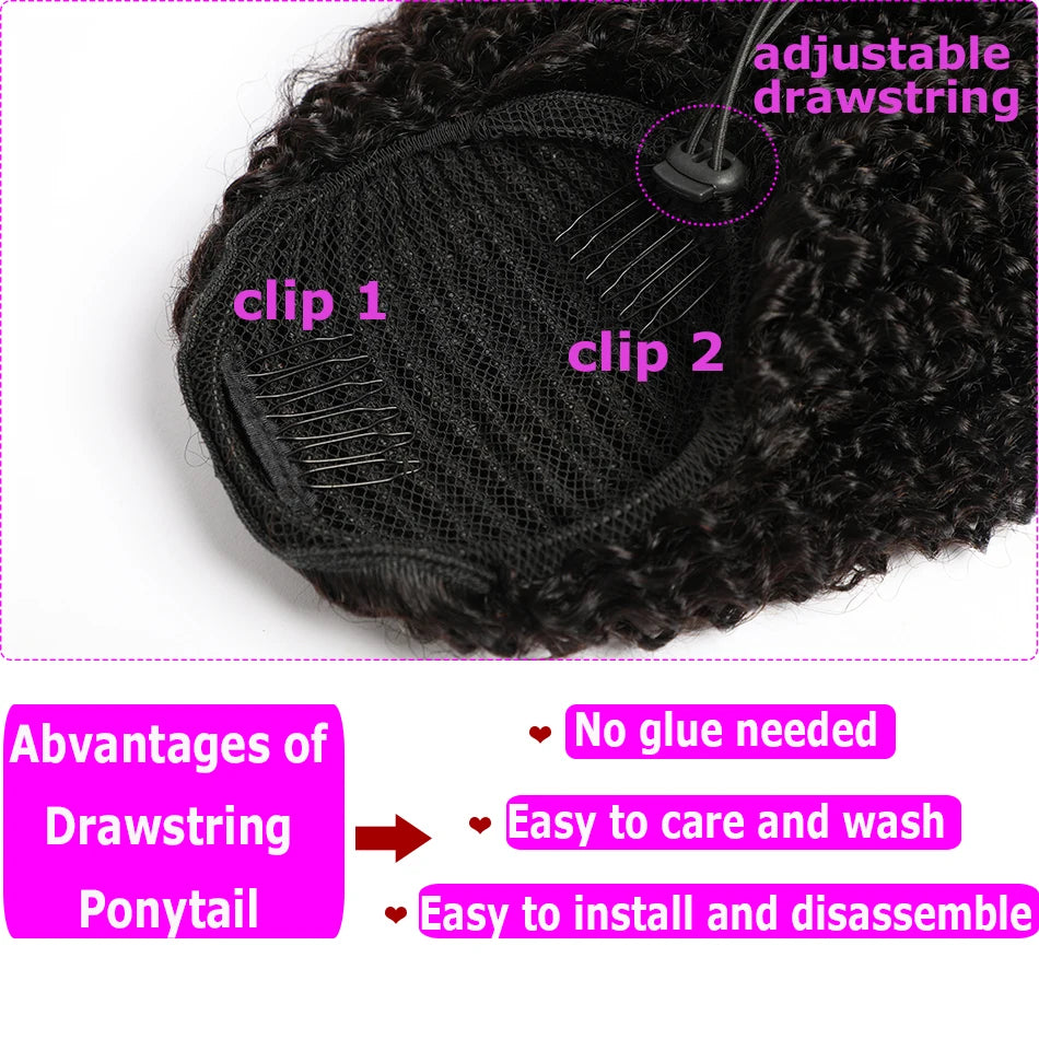 Alibele Mongolian Afro Kinky Curly Drawstring Ponytail – 4B/4C Remy Human Hair Extensions 10-28 Inch Clip-In