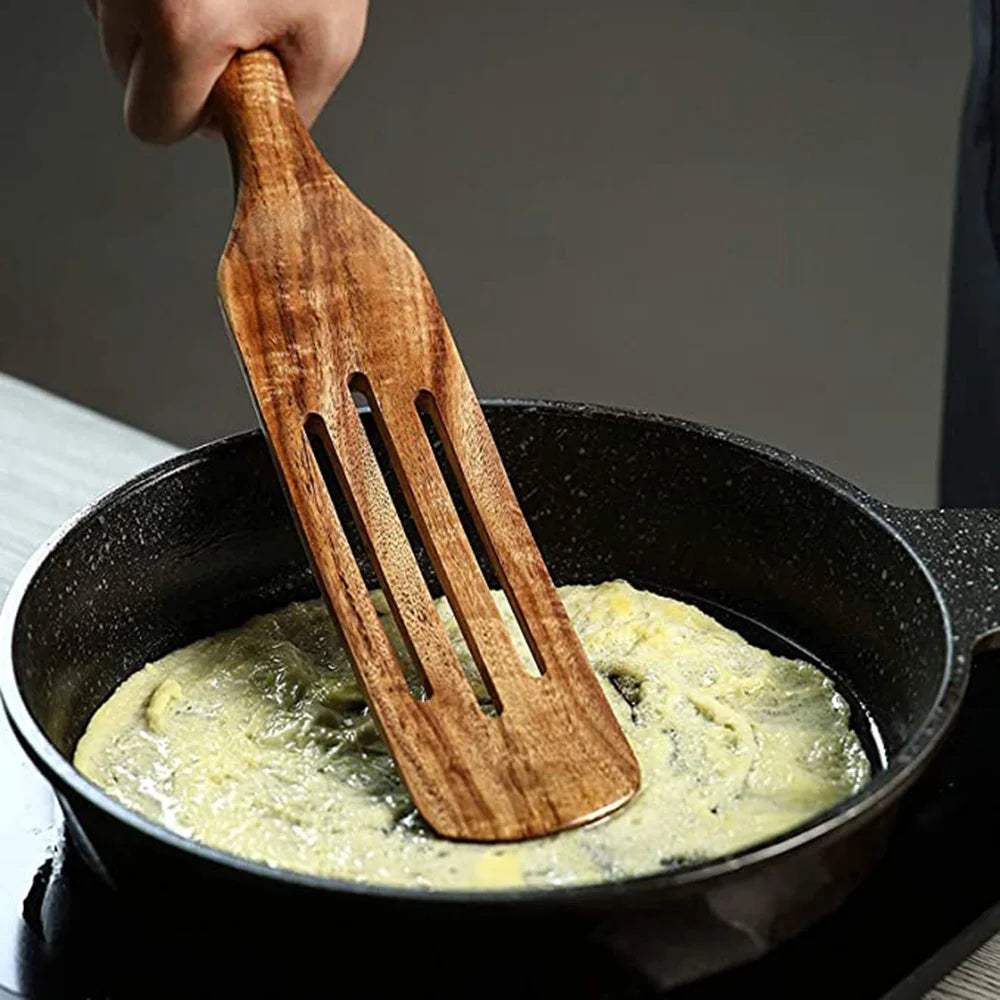1-9pcs Teak Wood Tableware Set – Natural Wooden Cooking Spoons, Colander Spoon & Soup Skimmer Kitchen Tool Kit