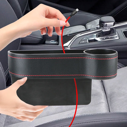 Universal PU Leather Car Seat Gap Organizer – Storage Box with Charging Hole, Phone, Bottle & Key Holder Auto Accessories