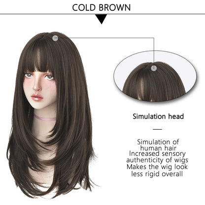 7JHHWIGS Long Straight Light Brown Synthetic Wig with Bangs – Heat-Resistant Daily Wear Wig for Women