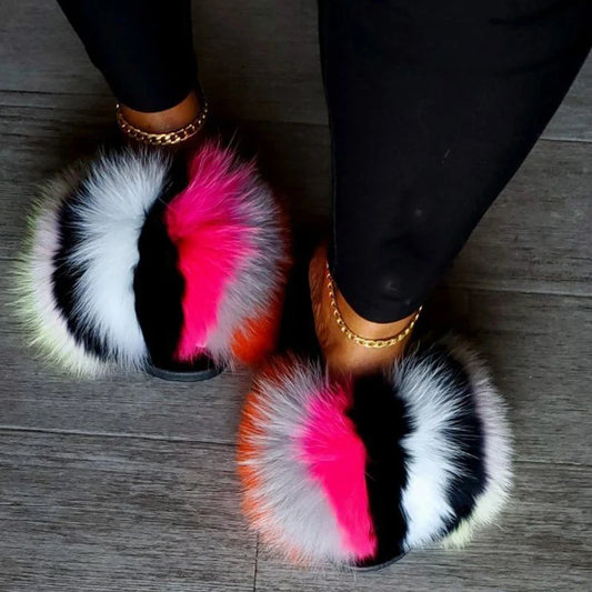 Girls’ Luxury Fluffy Fur Slippers – Warm Plush Indoor Flip Flop Slides for Women, New Arrival