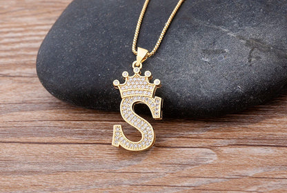 Nidin Luxury A-Z Crown Alphabet Pendant – Copper Zircon Initial Necklace Chain, Hip-Hop Style Jewelry for Men & Women