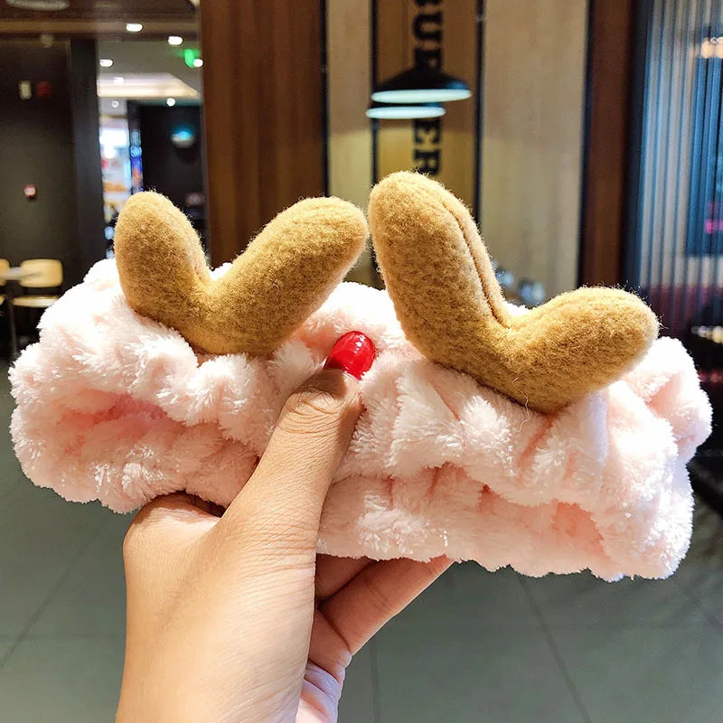 Soft Coral Fleece Bow Headband – Wash Face Hair Holder with Animal Ears for Women & Girls