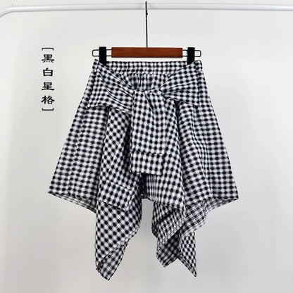 TOTRUST Women’s Fashion Asymmetrical Summer Plaid Mini Skirt – Casual College Style Fake Shirt Design