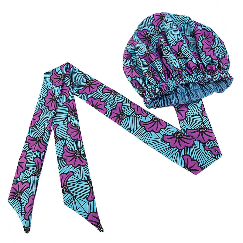 African Print Satin Bonnet with Long Ribbon - Double-Layer Ankara Hair Wrap Cap for Women, Large Size Head Cover