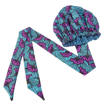 African Print Satin Bonnet with Long Ribbon - Double-Layer Ankara Hair Wrap Cap for Women, Large Size Head Cover