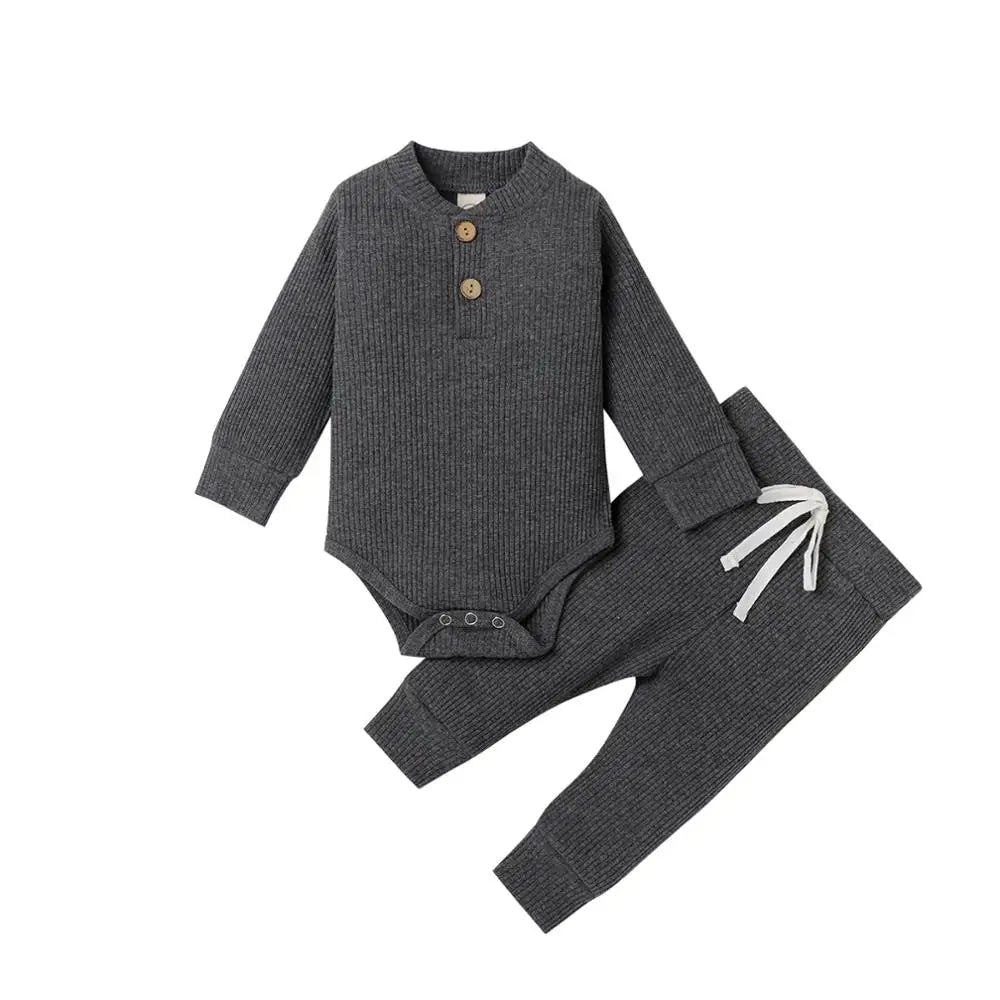 Unisex Baby 2-Piece Outfit Set - Long-Sleeve Ribbed or Plaid Bodysuit with Elastic Pants for Spring & Autumn