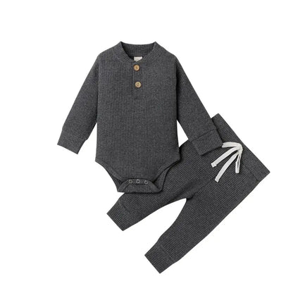 Unisex Baby 2-Piece Outfit Set - Long-Sleeve Ribbed or Plaid Bodysuit with Elastic Pants for Spring & Autumn