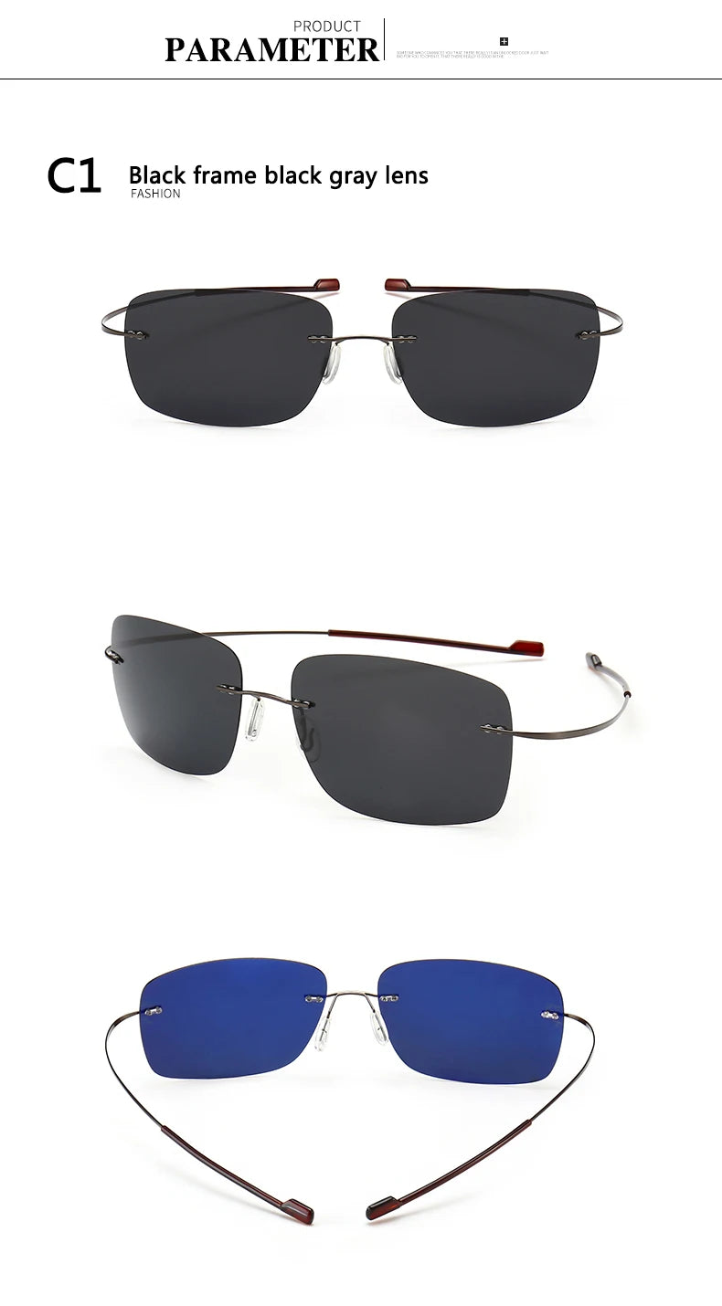 2025 New Cool 100% Pure Titanium Rimless Sunglasses – Polarized Grey Lenses, Super Thin, UV400 Protection, Oculos De Sol