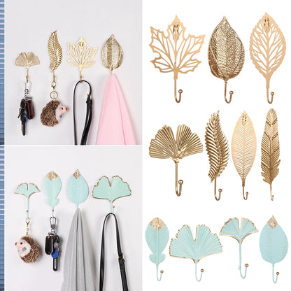 Nordic Style Gold/Green Leaf Shape Wrought Iron Hook Wall Hanger - Towel Clothes Storage Rack for Home Organization