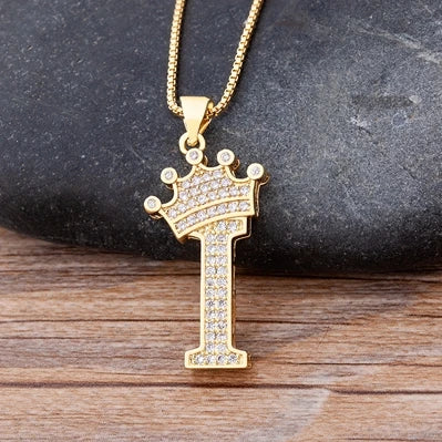 Nidin Luxury A-Z Crown Alphabet Pendant – Copper Zircon Initial Necklace Chain, Hip-Hop Style Jewelry for Men & Women