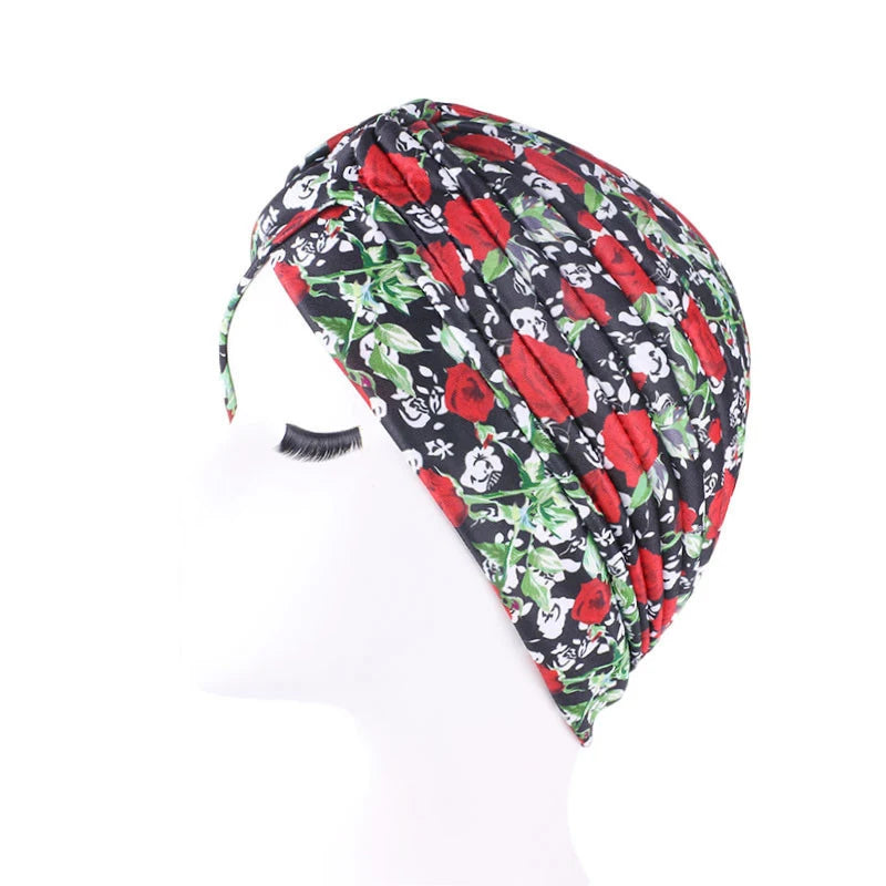 African Print Turban Head Wrap - Soft Stretch Twisted Pleated Beanie Bonnet for Women, Headtie & Chemo Cap
