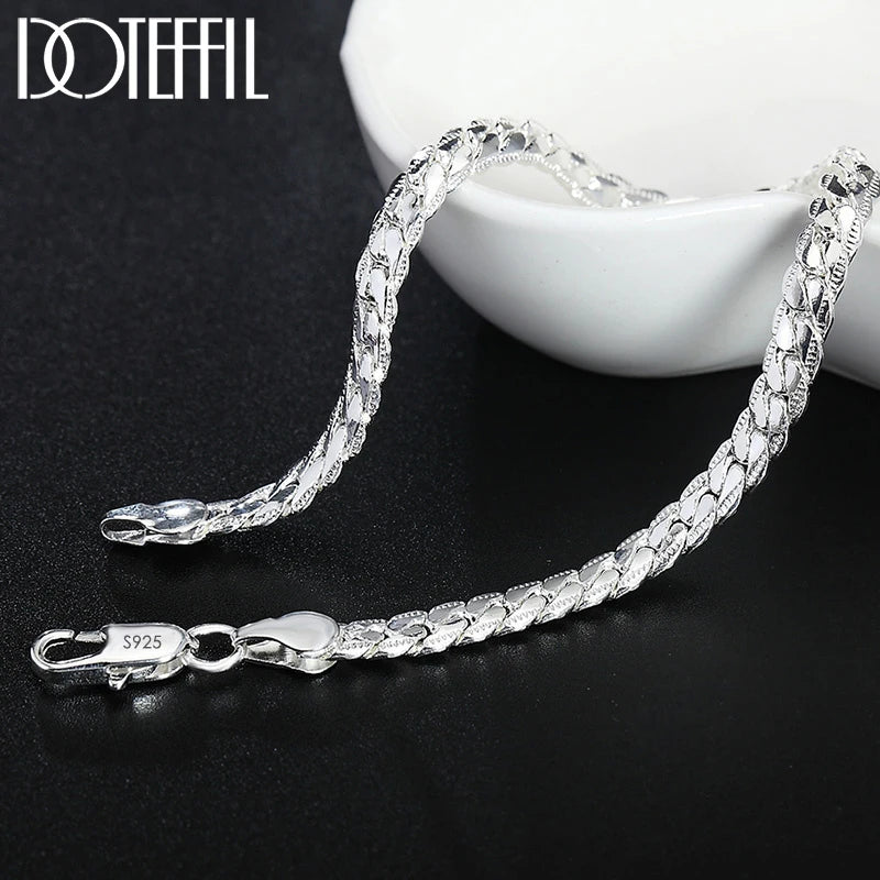DOTEFFIL 925 Sterling Silver Side Chain Necklace & Bracelet – 6mm, 8-24 Inch, Fashion Charm Wedding Jewelry for Women & Men