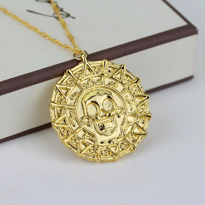 Caribbean Pirates Aztec Gold Coin Necklace – Retro Skull Pendant, Punk Hip Hop Movie Accessory