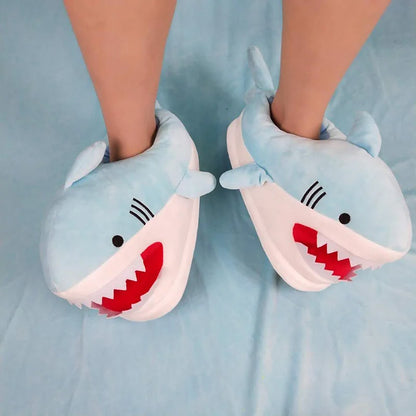Feerldi Shark Winter Slippers — Cartoon Anime Slip-On Fish Slides for Girls, Boys & Women, Plush Open-Mouth Cotton Shoes