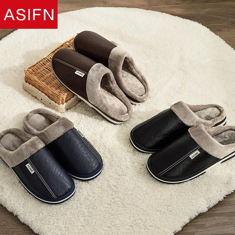 Men’s Large Size Winter Slippers — Waterproof PU Leather Indoor Home Shoes with Fur Cotton, Flat Bedroom Slippers