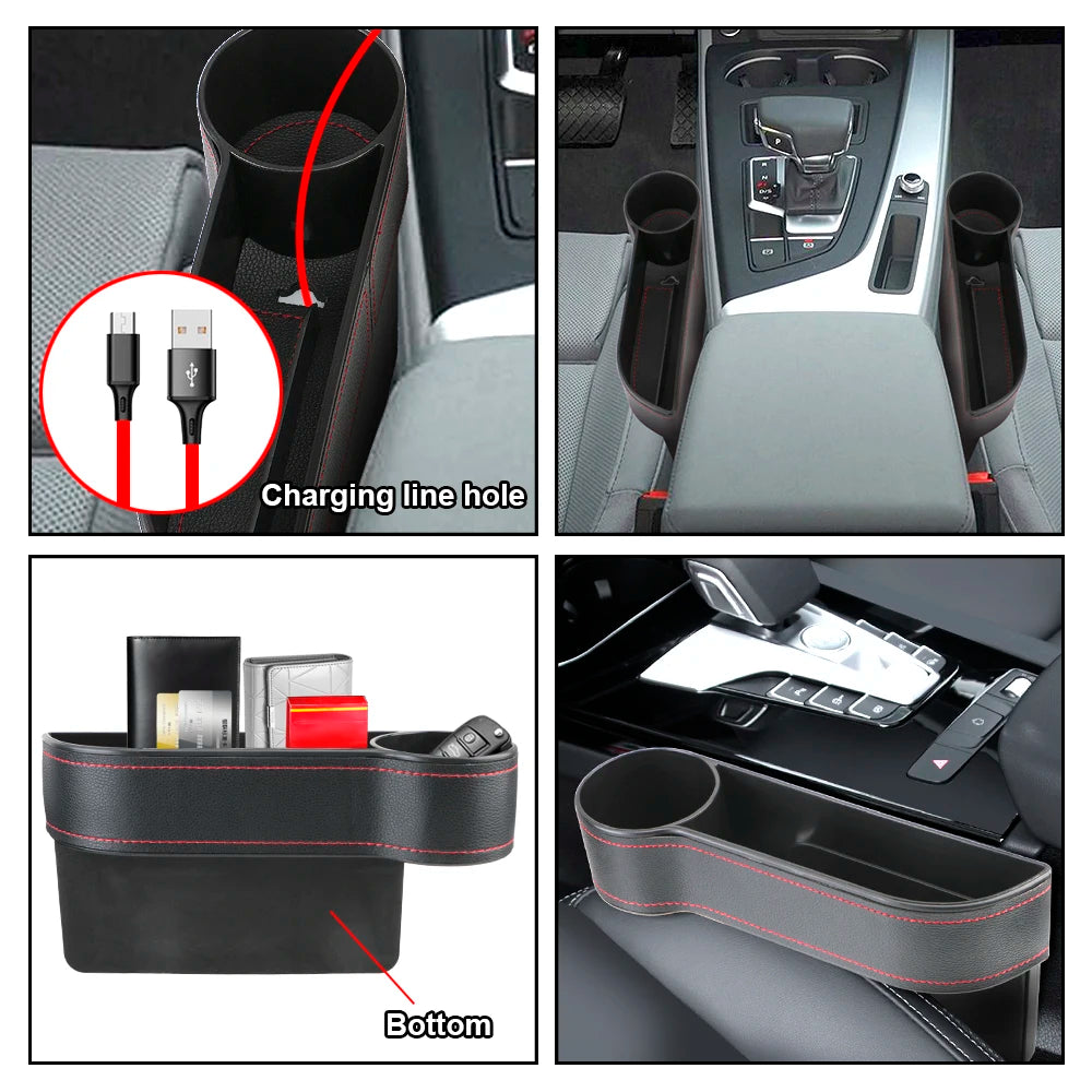 Universal PU Leather Car Seat Gap Organizer – Storage Box with Charging Hole, Phone, Bottle & Key Holder Auto Accessories
