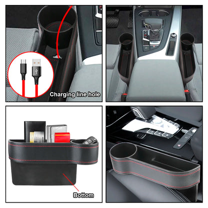 Universal PU Leather Car Seat Gap Organizer – Storage Box with Charging Hole, Phone, Bottle & Key Holder Auto Accessories