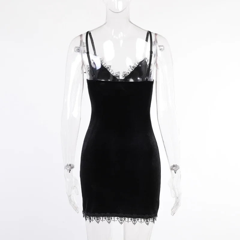 Dark Cross Black Mini Dress – Vintage Sexy Spaghetti Strap High Waist Slit Dress, Goth Party Clubwear for Women