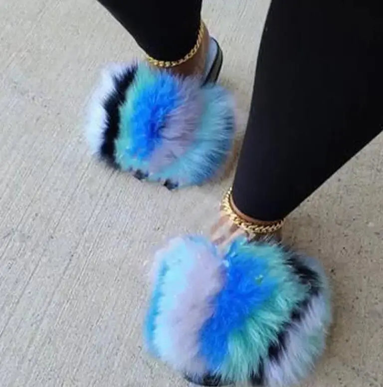 Girls’ Luxury Fluffy Fur Slippers – Warm Plush Indoor Flip Flop Slides for Women, New Arrival